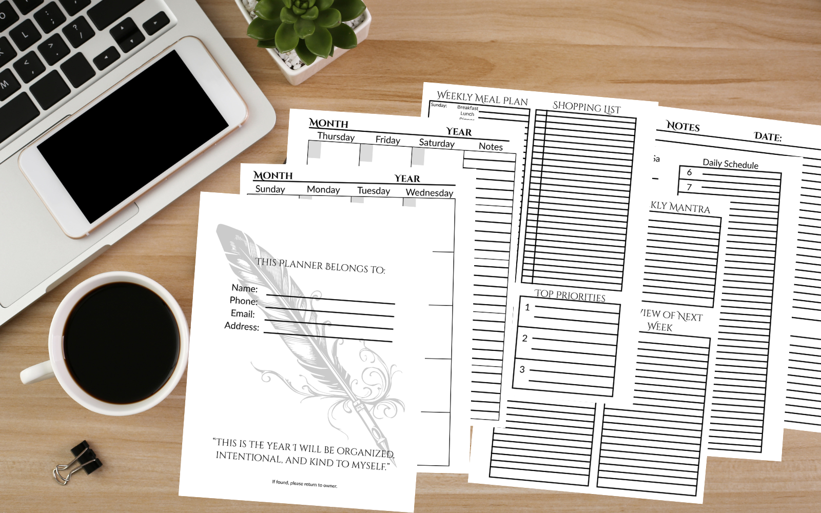 Monthly, weekly, daily planning pages